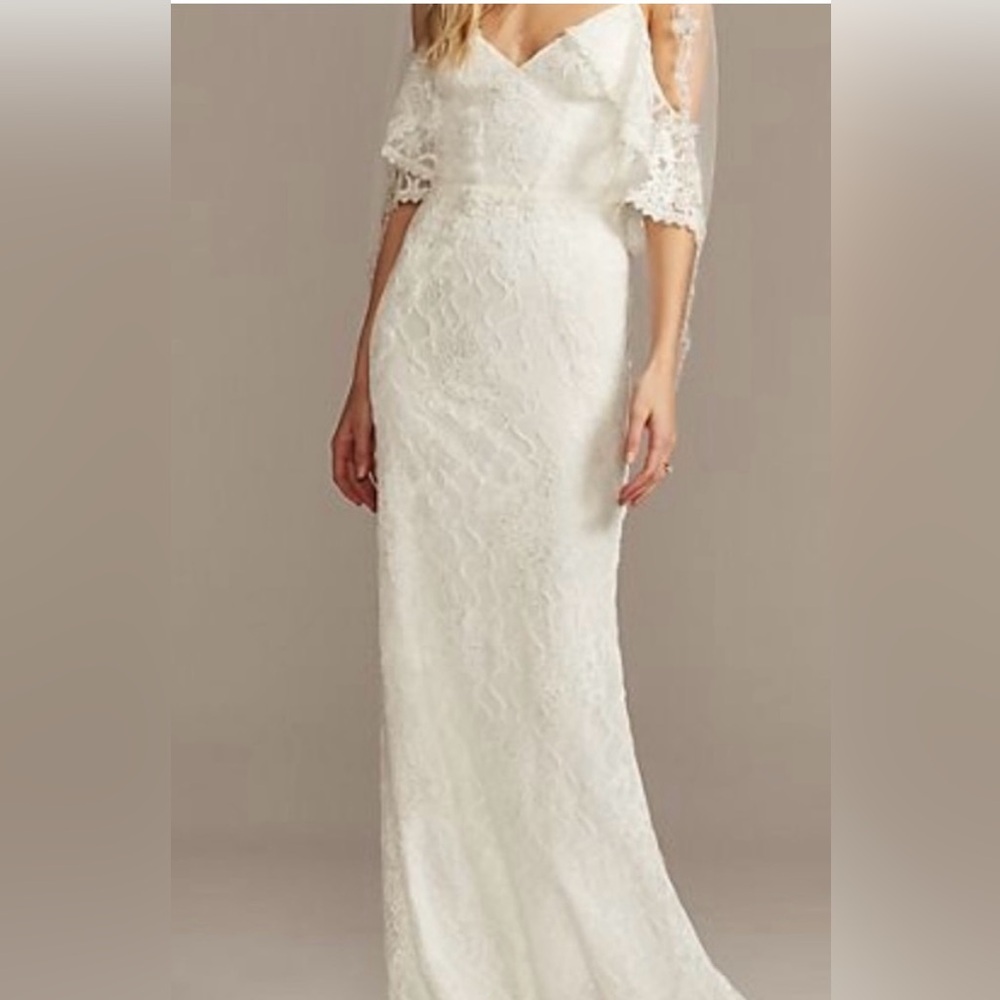 David's Bridal Ivory Lace Off-Shoulder Wedding Dress